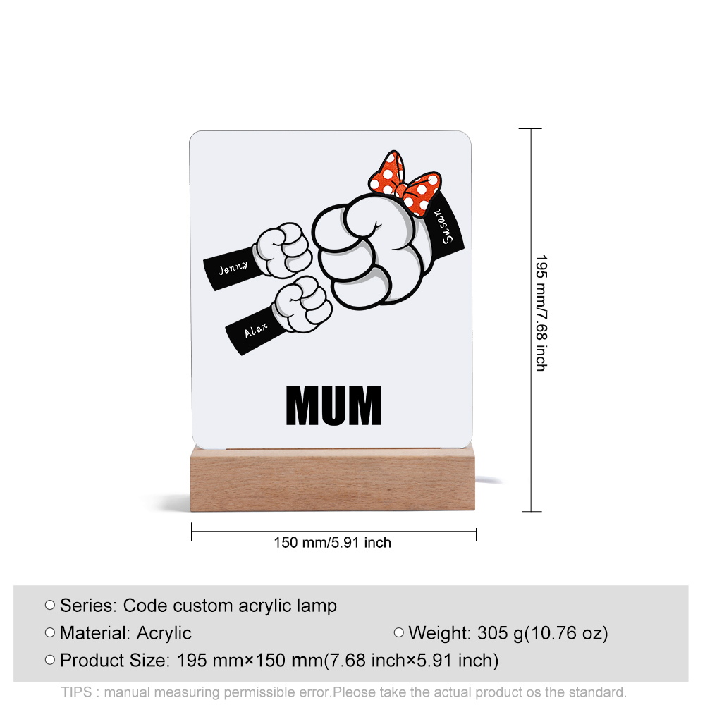 3 Names - Personalised Acrylic Night Light Custom Names & Text Fist Bump LED Lamp Gifts for Family-Jessemade AU