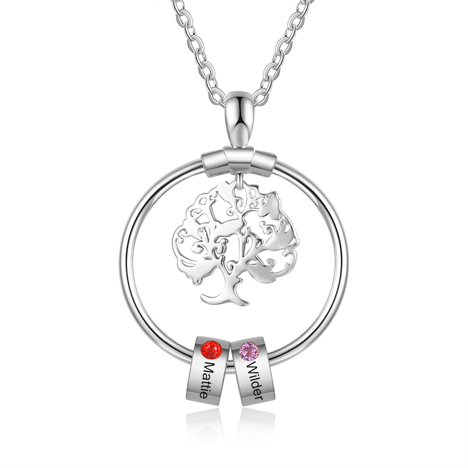 Personalised Family Tree Necklace With 2 Birthstones Engraved Names Gift For Mother-Jessemade AU