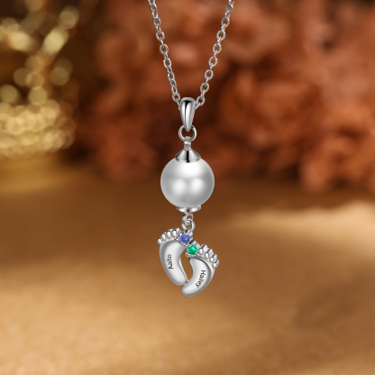 Personalised Baby Feet Pearl Necklace Custom 2 Names & Birthstones Mother Necklace-Jessemade AU