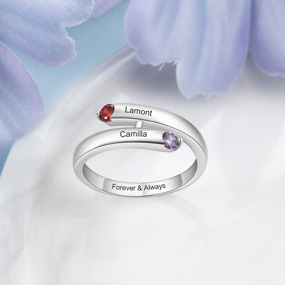 S925 Silver Ring Personalised 2 Birthstones Promise Ring With Names Gifts For Her-Jessemade AU