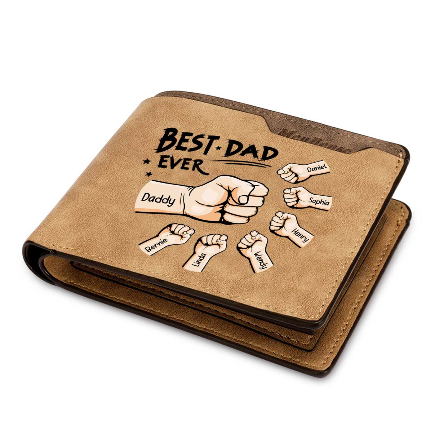 Best Dad Ever - Custom 7 Names & 1 Text Billfold Wallet Personalised Fist Bump Men's Leather Wallet