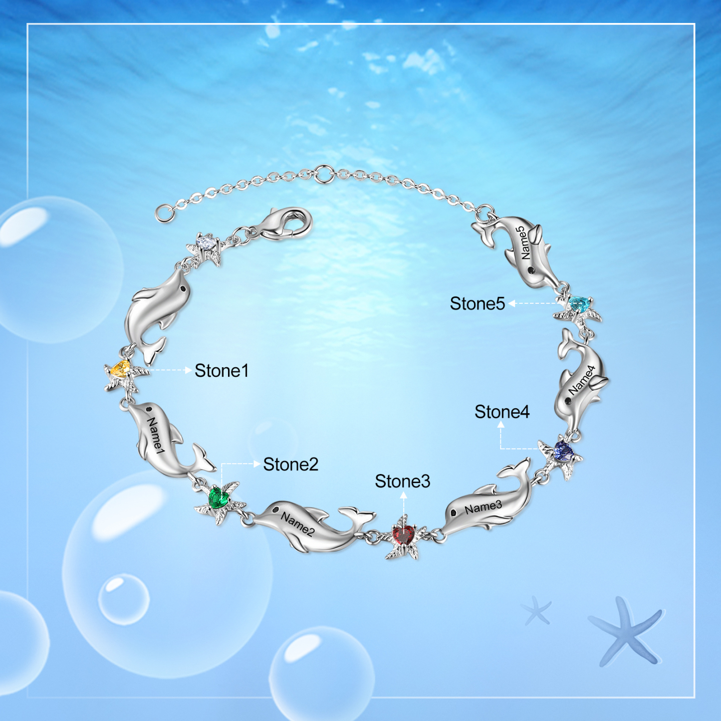Animal Bracelet Personalised Dolphin Bracelet With 5 Birthstones Engraved Names Starfish Charm Gifts For Her-Jessemade AU
