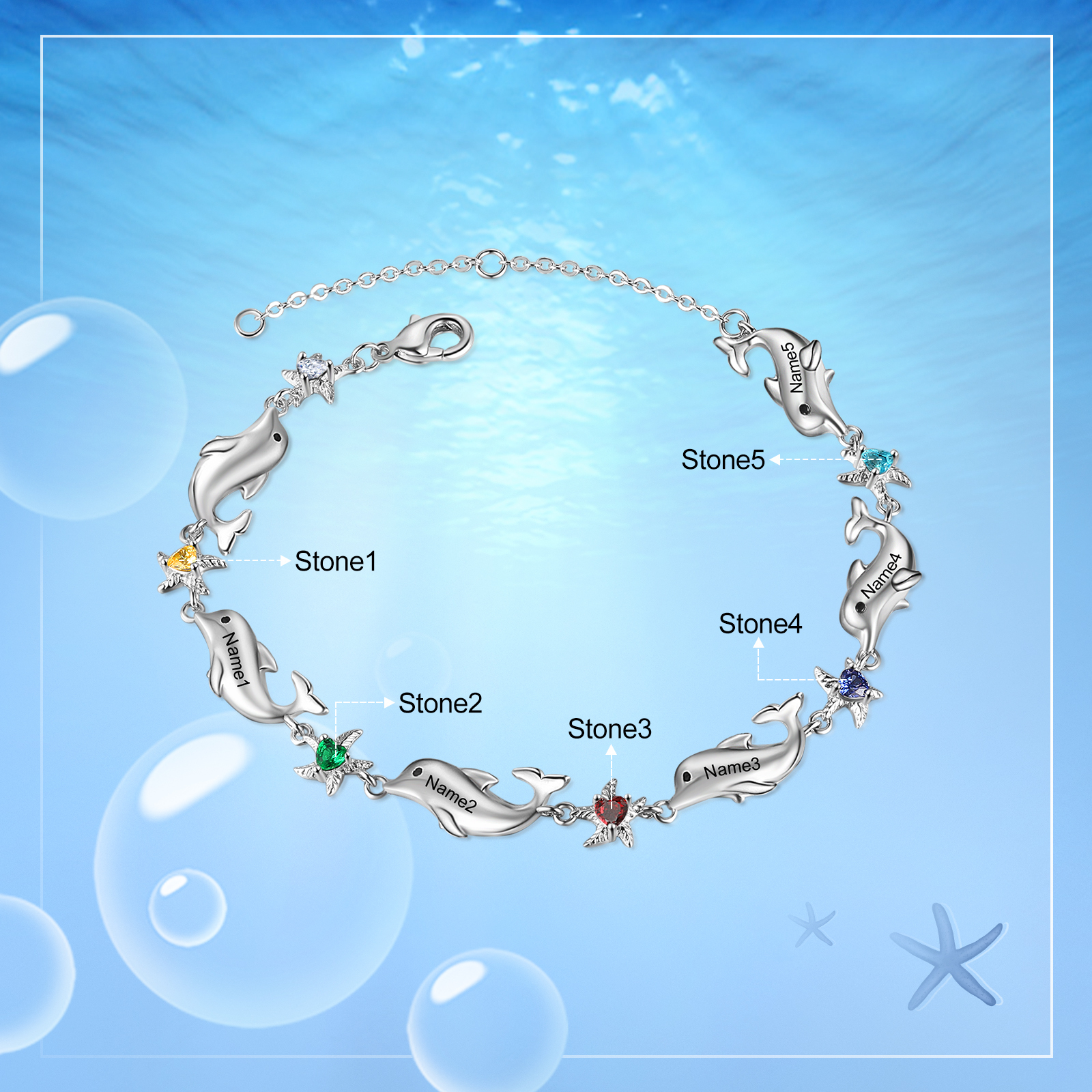 Animal Bracelet Personalised Dolphin Bracelet With 5 Birthstones Engraved Names Starfish Charm Gifts For Her-Jessemade AU