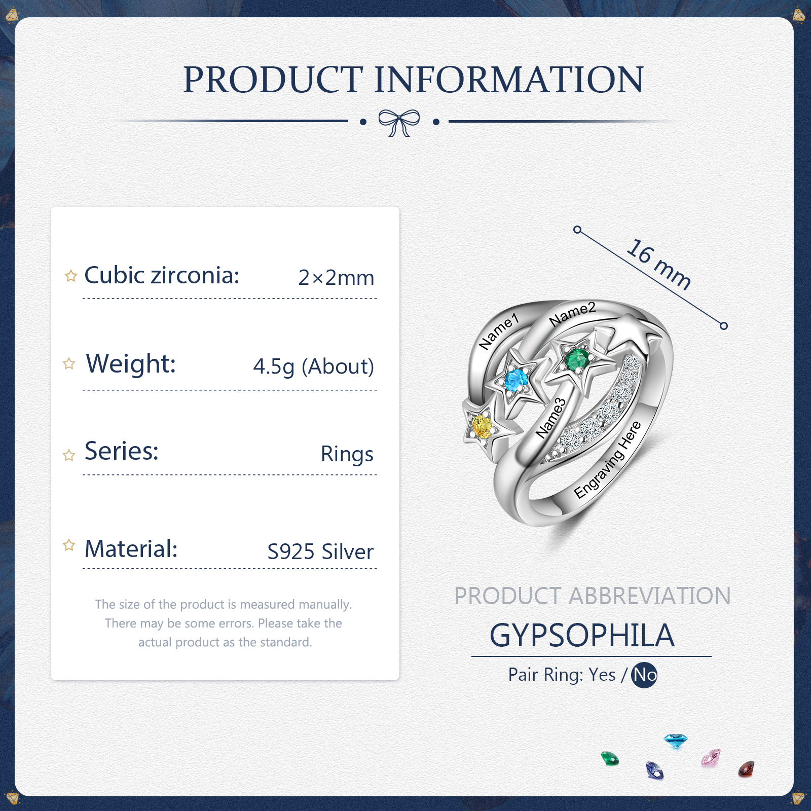 Personalised Star Ring With 3 Birthstones Engraved Names Ring Gift For Women-Jessemade AU