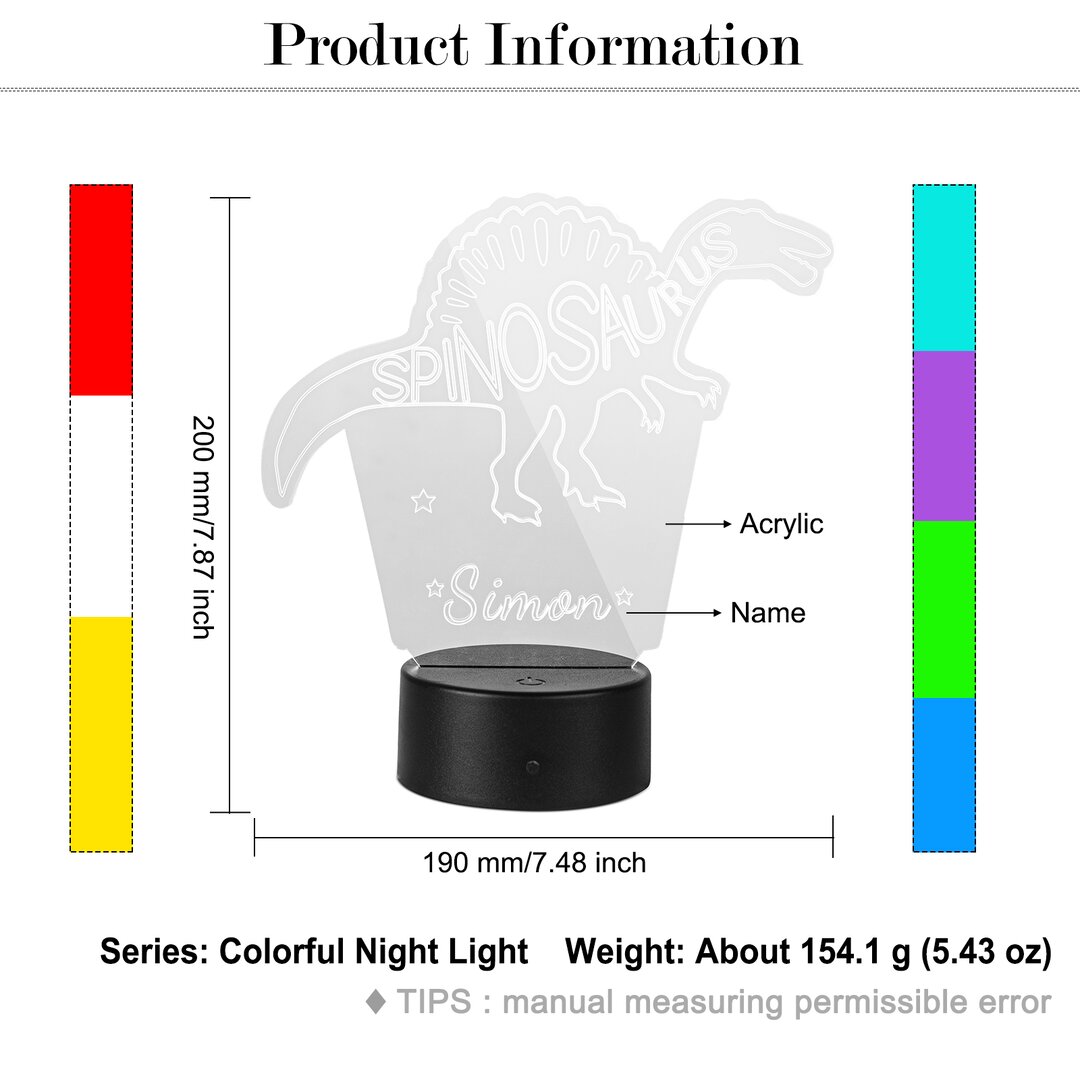 7 discolour Led Acrylic Name Custom Night Light Letter & Dinosaur LED Lamp for Kids Gift-Jessemade AU