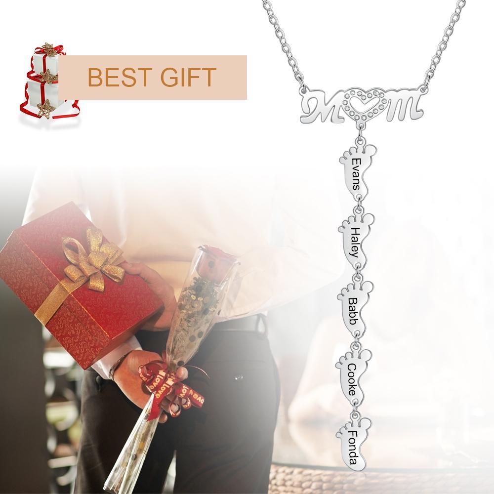 Mother Necklace with 5 Baby Feet Pendants Engraved 5 Names Rose Gift Set