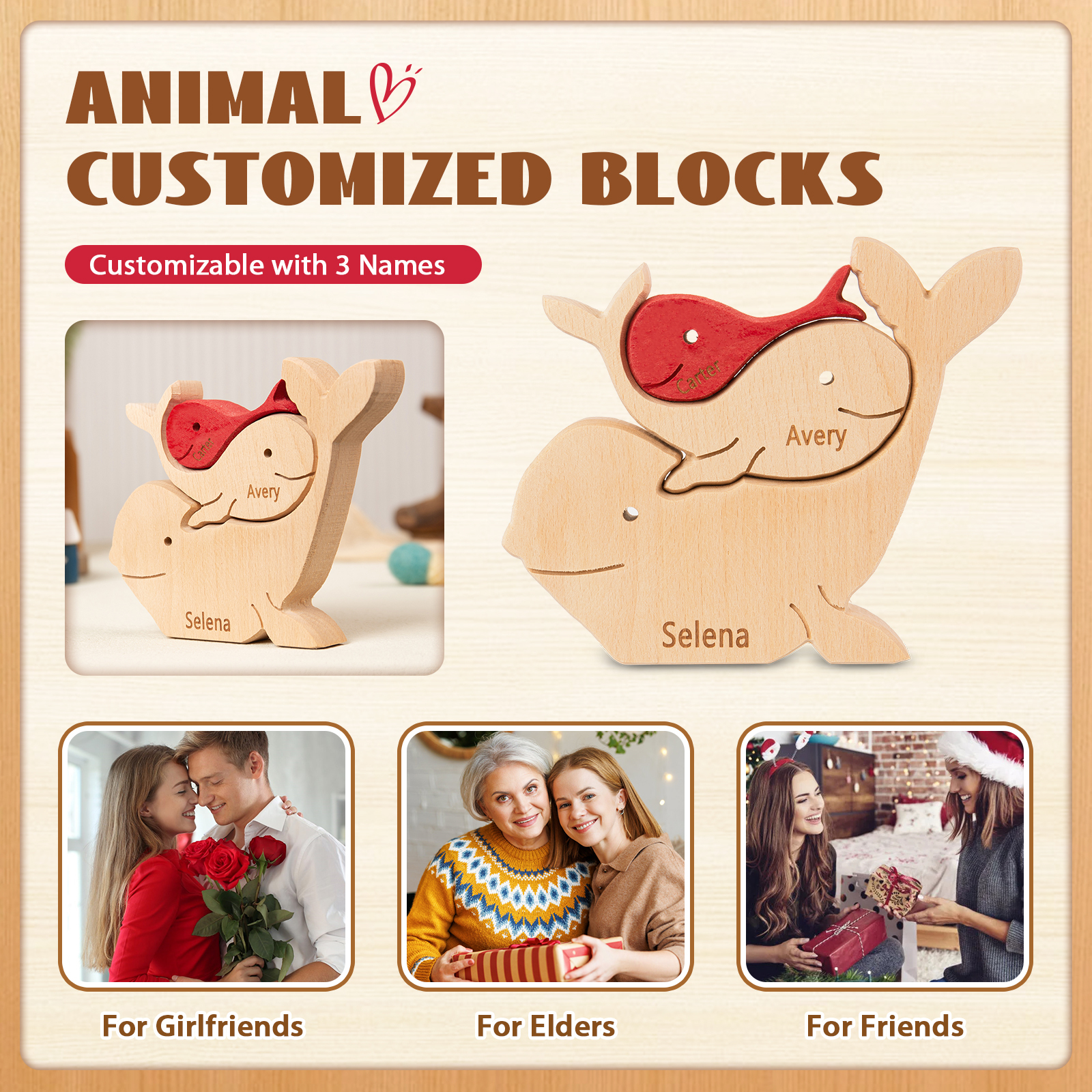 Personalised Wooden Animal Puzzle Custom 3 Names Puzzle Whale Bear Rabbit Hug Ornament Gifts for Family-Jessemade AU