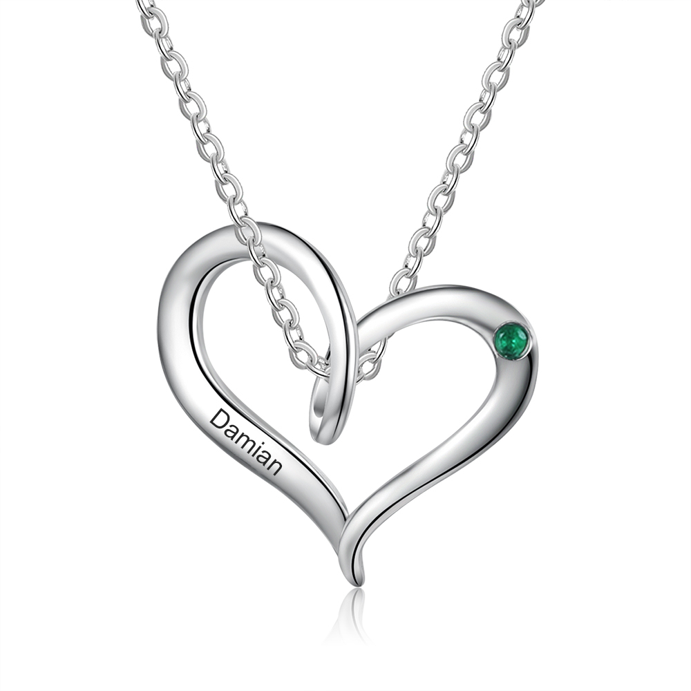 Personalised Heart Necklace With 1 Birthstone Engraved Names Gift For Her-Jessemade AU