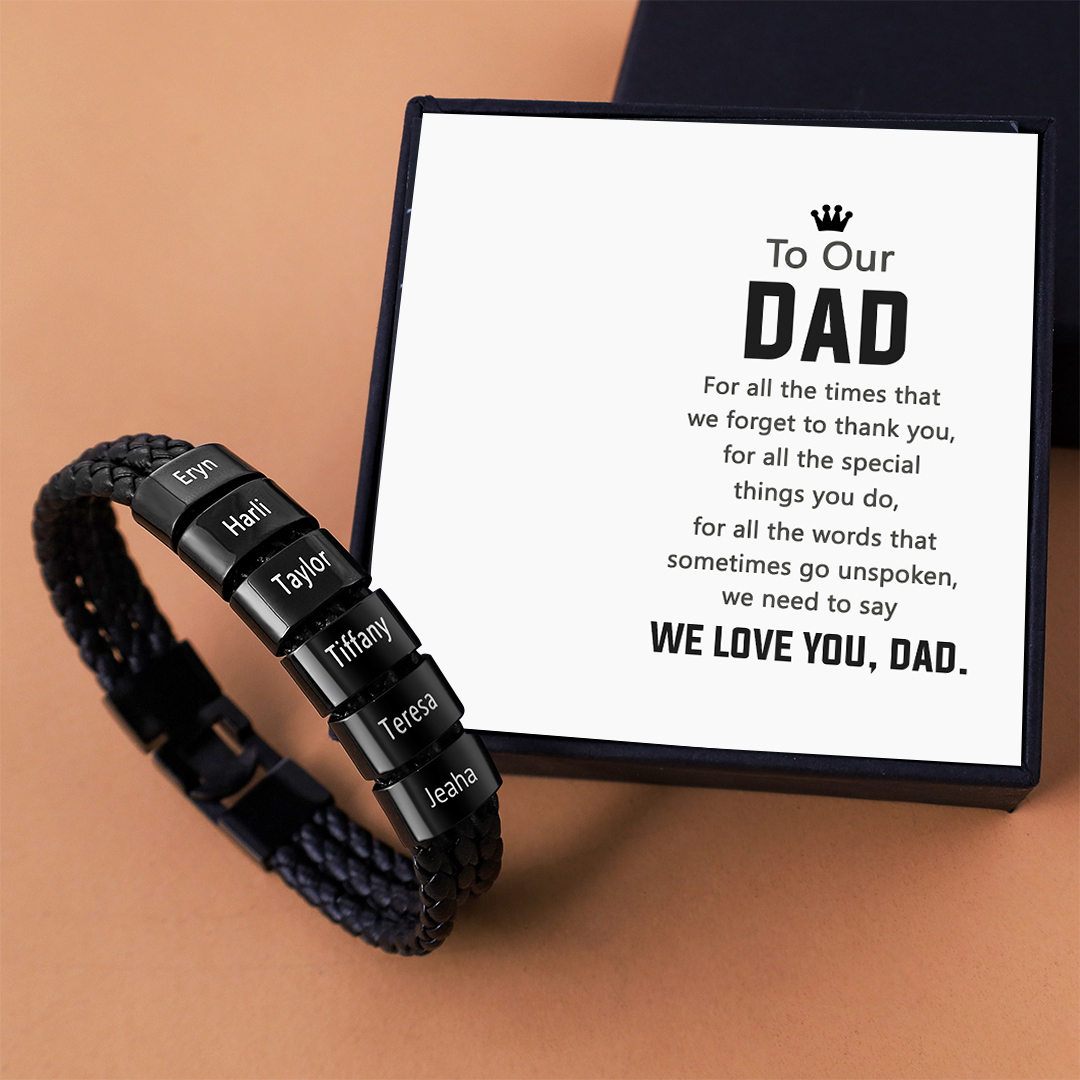 Personalised Braided Leather Bracelet Engraved 6 Names Men's Bracelet Gifts For Him-Jessemade AU