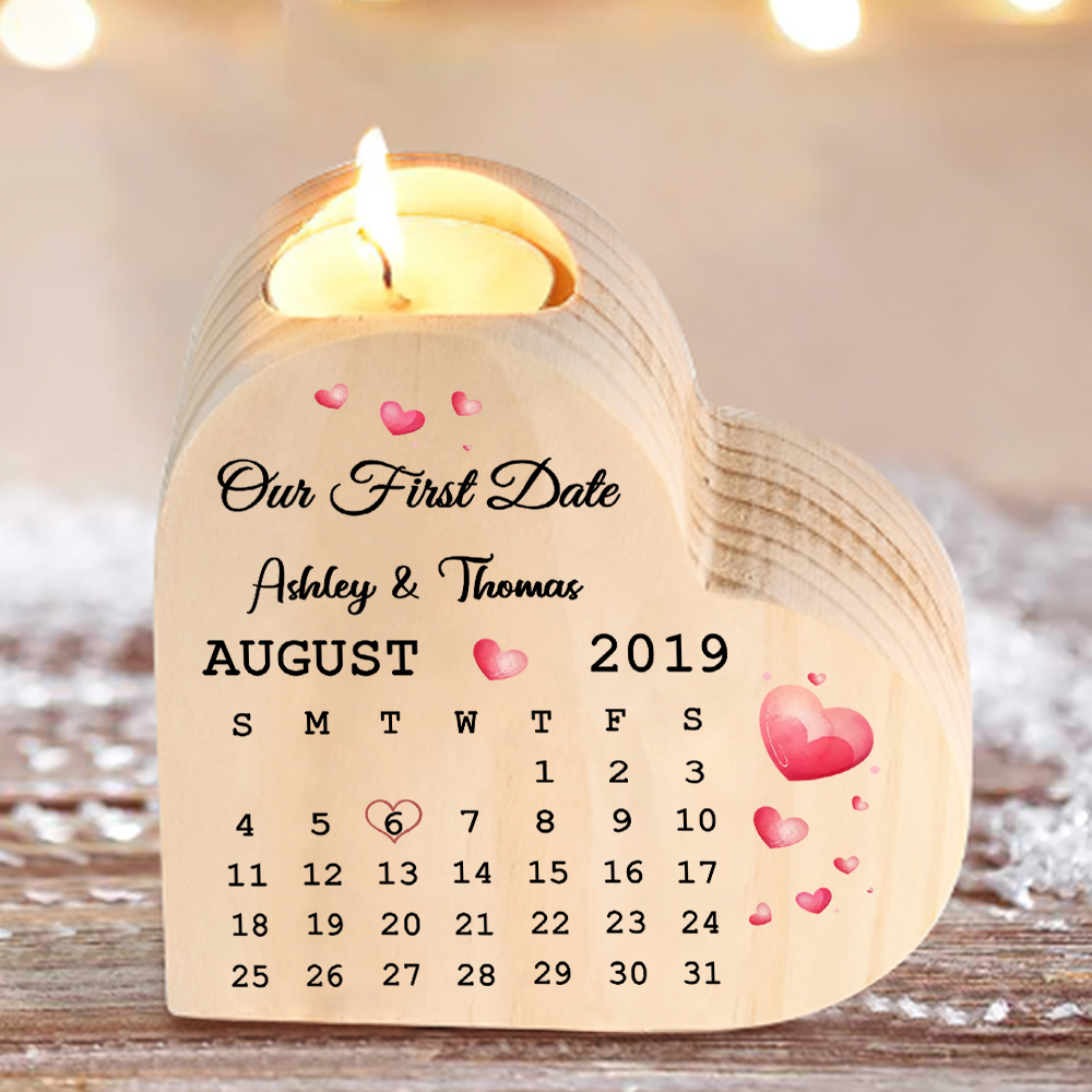 Wooden Couple Candle Holder Custom 2 Names & Date & Text Candlesticks Calendar Valentine's Day Gifts for Wife/Girlfriend-Jessemade AU
