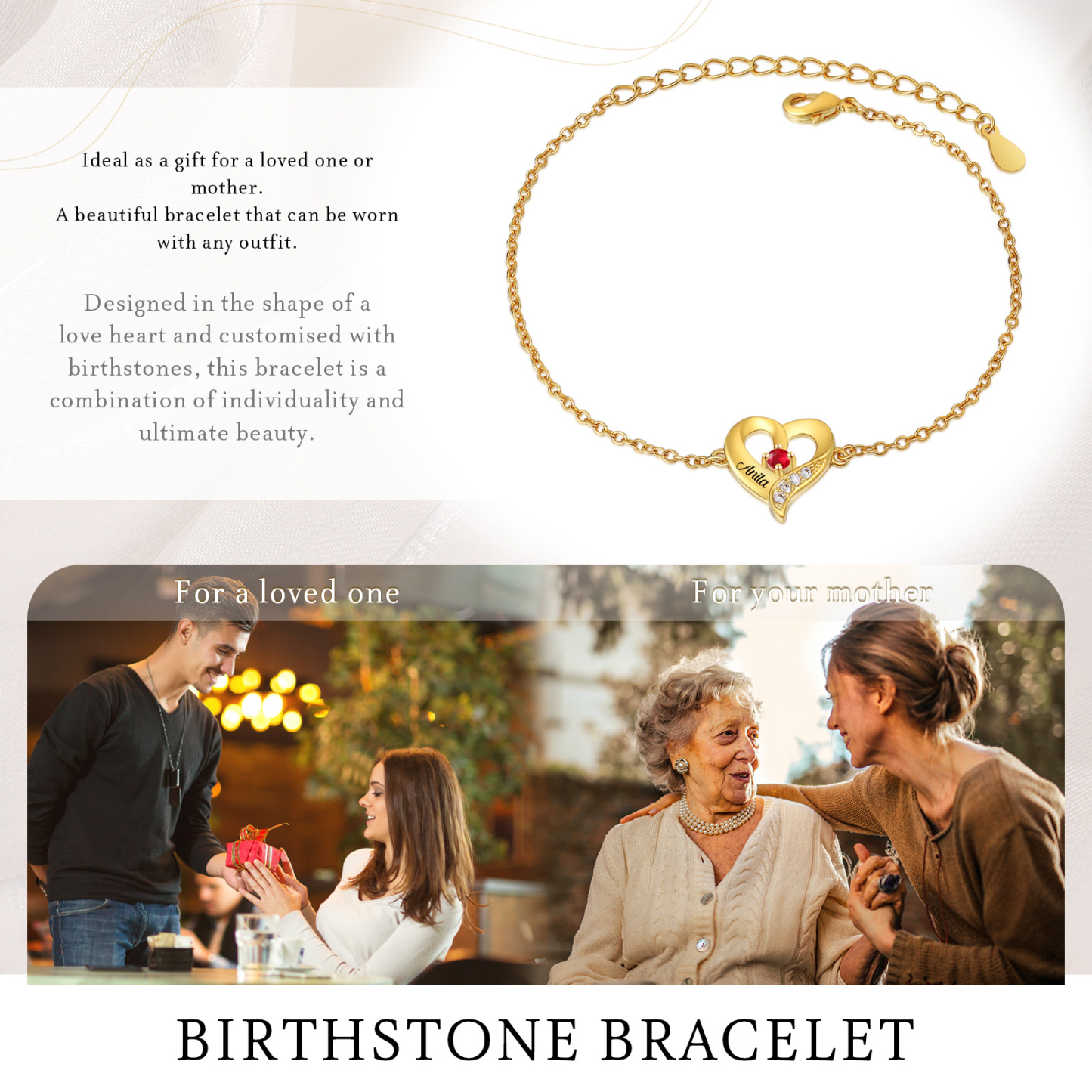 1 Name - Personalised Heart Bracelet Custom Name & Birthstone Bracelets Valentine's Day Gift For Her-Jessemade AU