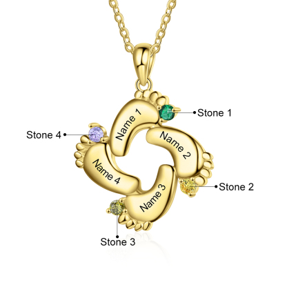 Baby Feet Necklace Custom 4 Birthstones Family Gifts Set for Mum