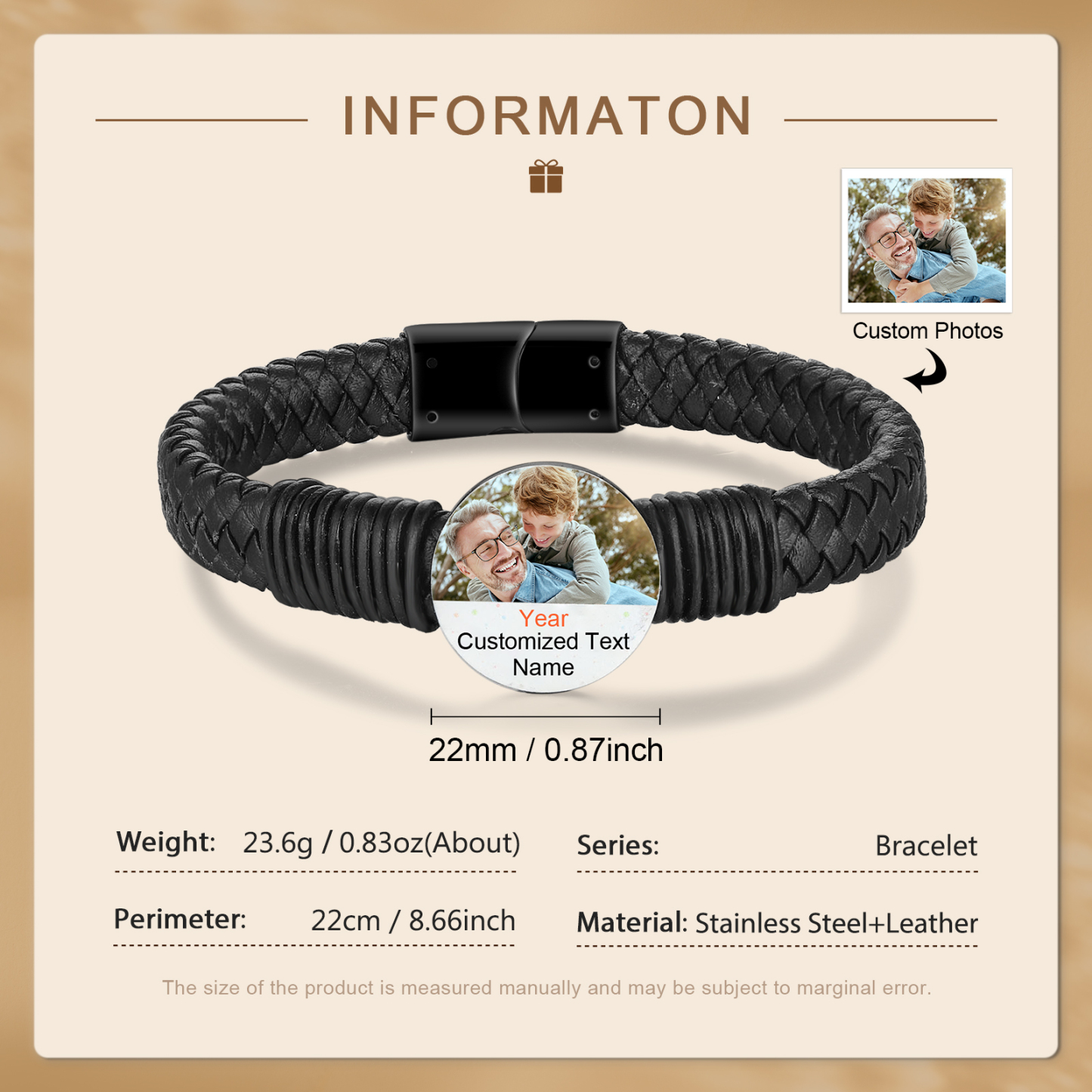 Mens Leather Bracelet Custom Photo Bracelet for Him-Jessemade AU