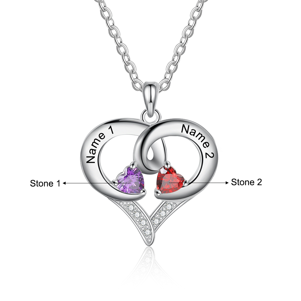 Customised Birthstones Heart Necklace Engraving 2 Names Gifts for Her-Jessemade AU