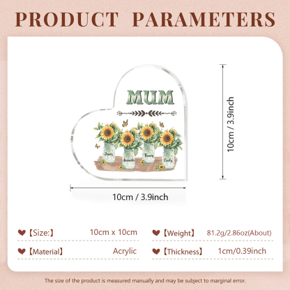 Personalised Acrylic Heart Keepsake Custom 4 Names & 1 Text Sunflower Vase Ornament Gifts for Mother/Grandma-Jessemade AU