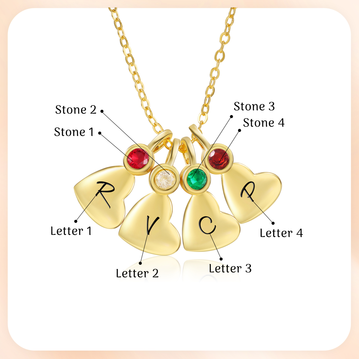 Personalised Heart Pendant Necklace Custom 4 Letters & 4 Birthstones Necklace Gifts for Her-Jessemade AU