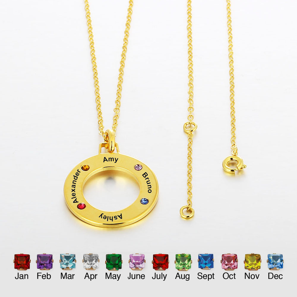 Personalised Circle Necklace With 3 Birthstones Engraved Names Gift For Her-Jessemade AU
