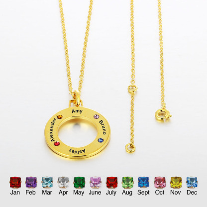 Personalised Circle Necklace With 3 Birthstones Engraved Names Gift For Her-Jessemade AU