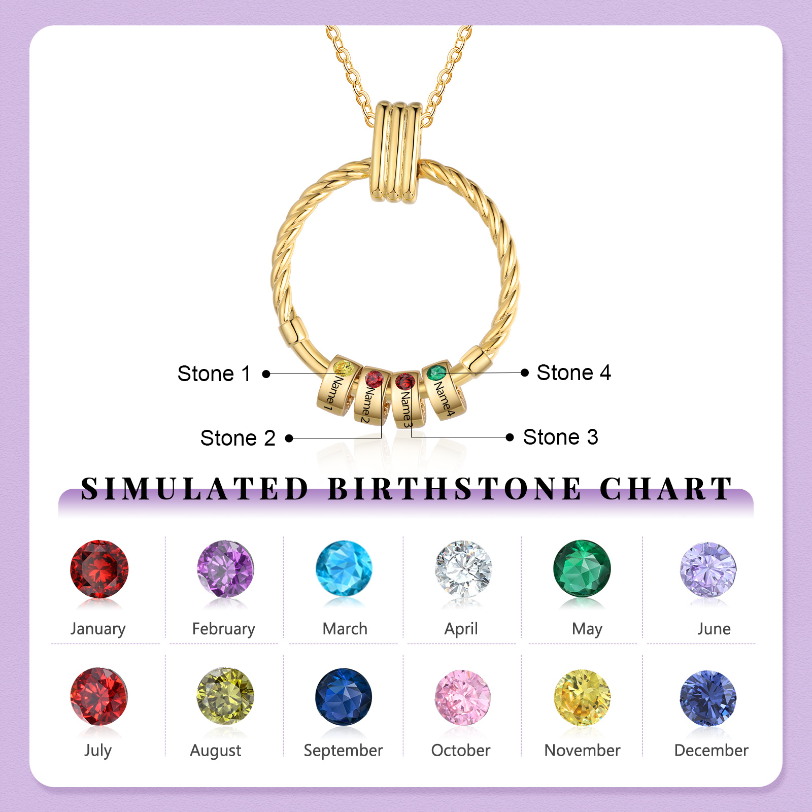 4 Names - Personalised Circle Pendant Necklace Custom Birthstones & Names Necklace Birthday Gift for Her-Jessemade AU