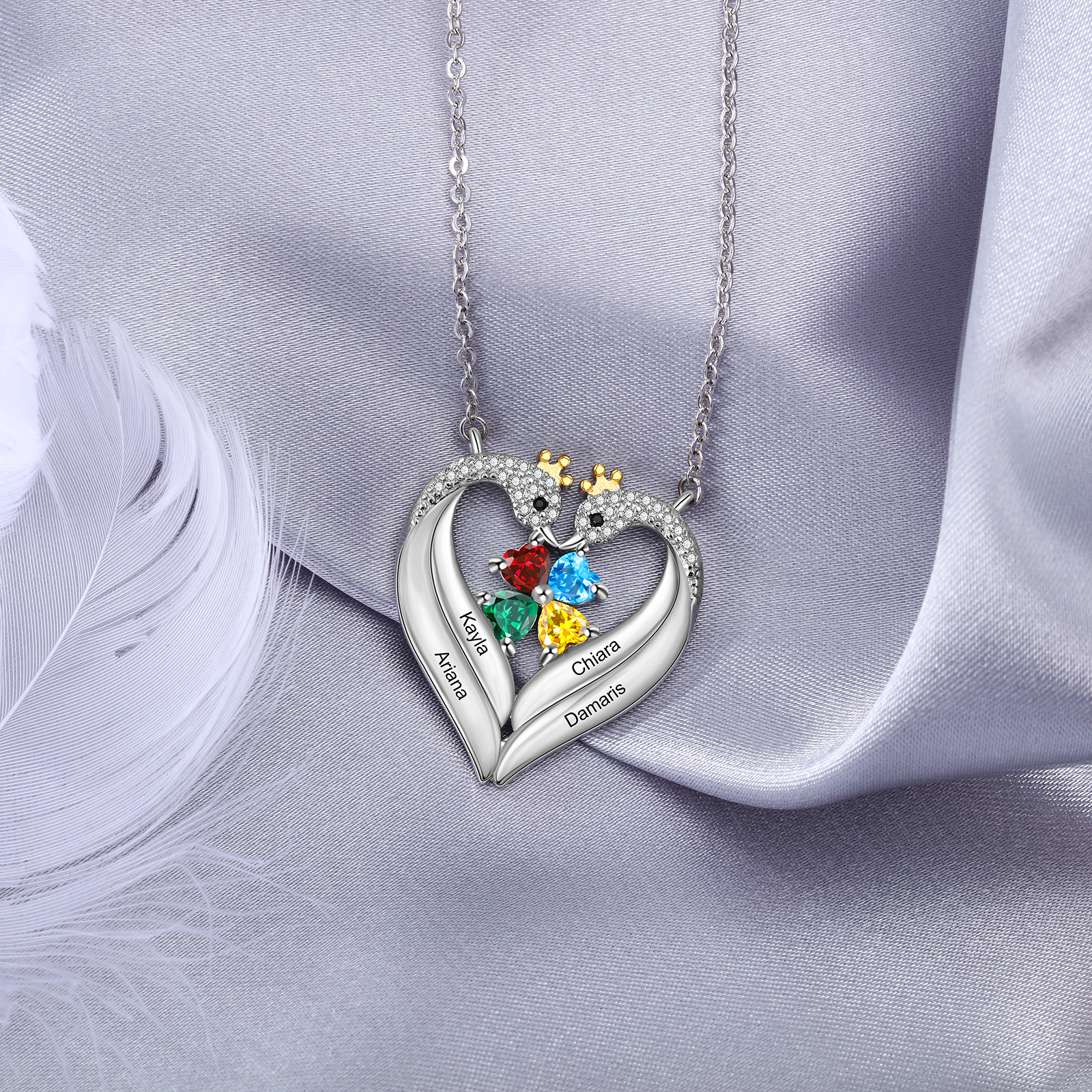 Personalised Heart Swan Necklace With 4 Birthstones Engraved Names Necklace Gifts For Her-Jessemade AU