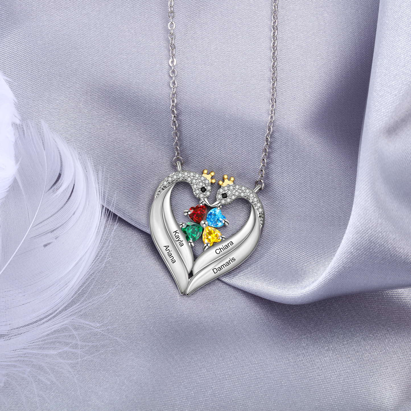 Personalised Heart Swan Necklace With 4 Birthstones Engraved Names Necklace Gifts For Her-Jessemade AU