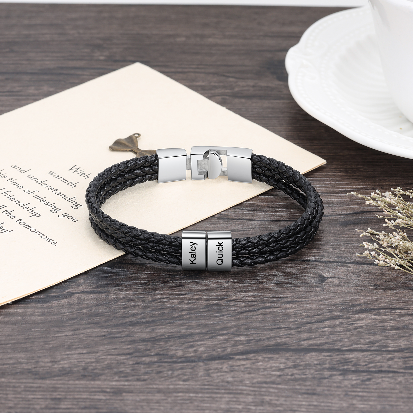 Personalised Braided Leather Bracelet Engraved 2 Names Men's Bracelet Gifts For Him-Jessemade AU