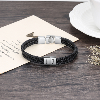 Personalised Braided Leather Bracelet Engraved 2 Names Men's Bracelet Gifts For Him-Jessemade AU