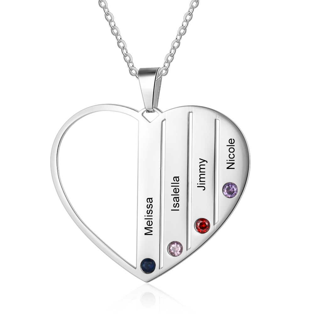 Personalised Heart Necklace With 4 Birthstones Engraved Names Gift For Her-Jessemade AU