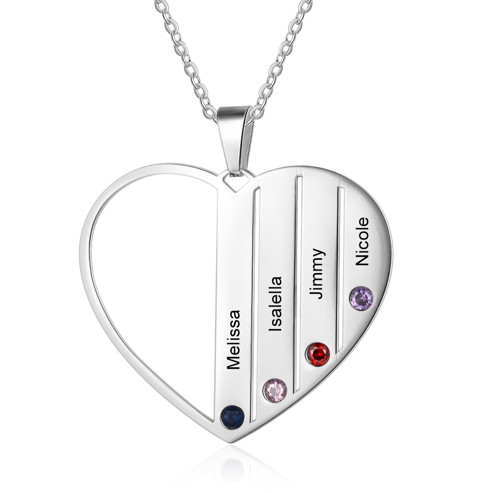 Personalised Heart Necklace With 4 Birthstones Engraved Names Gift For Her-Jessemade AU