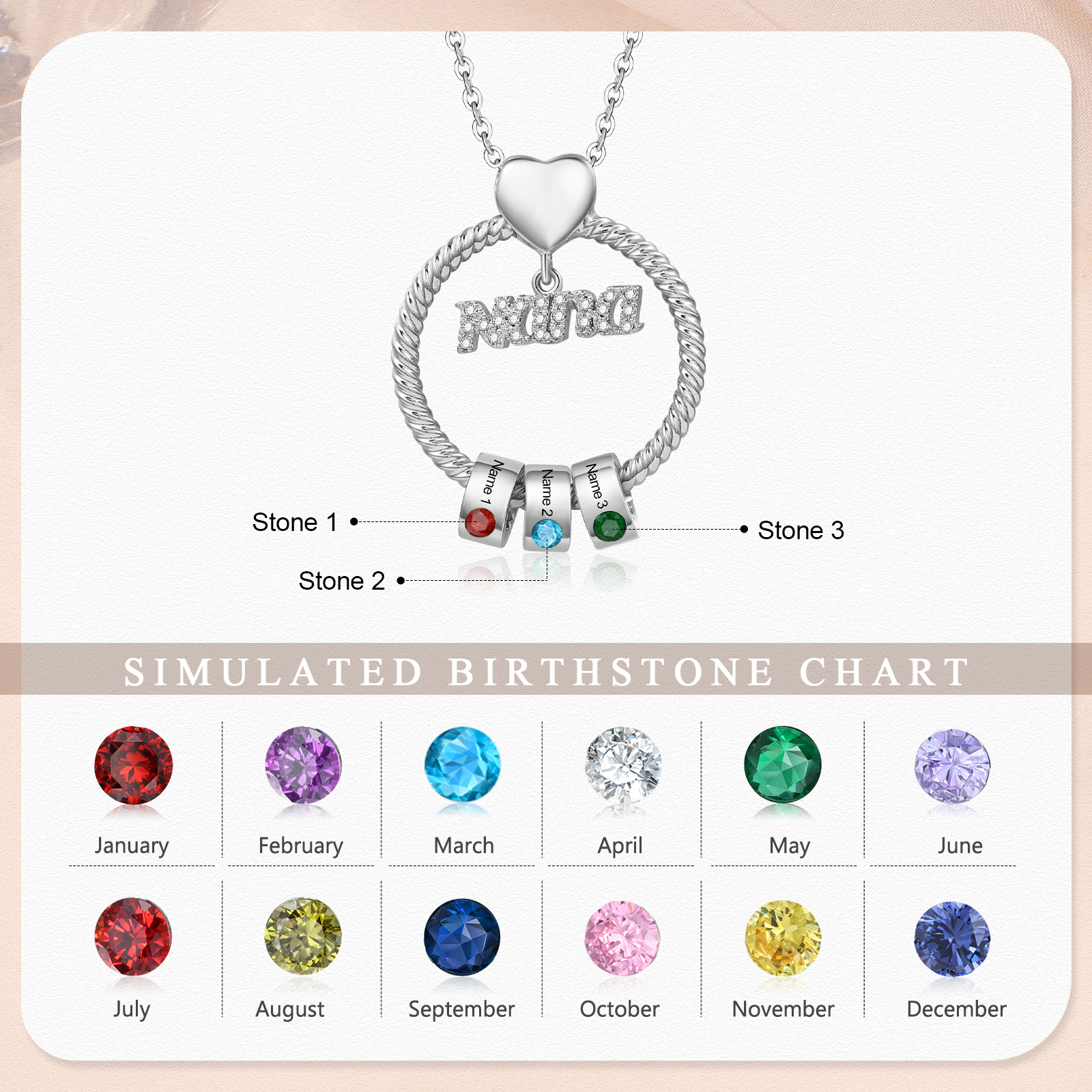 3 Names - Personalised Nana Necklace Custom Names & Birthstones Circle Pendant Necklace Gift for Grandma Nana-Jessemade AU