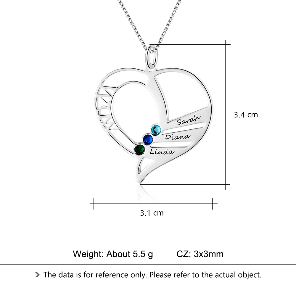 Personalised Heart Necklace With 3 birthstones Engraved Names Gift For Mother-Jessemade AU