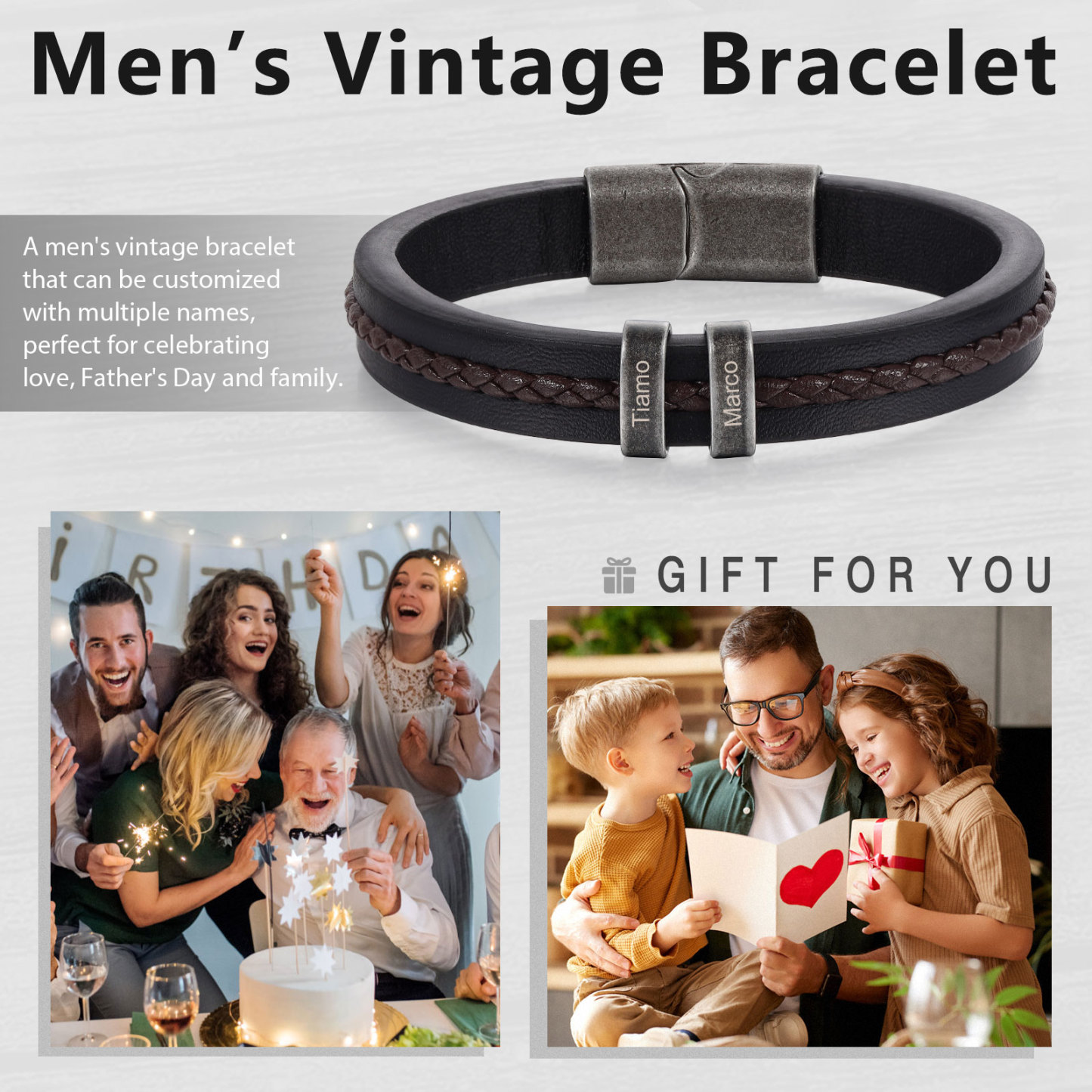 2 Names - Personalised Men's Leather Bracelet Custom Text Beaded Bracelets Vintage Gift for Him