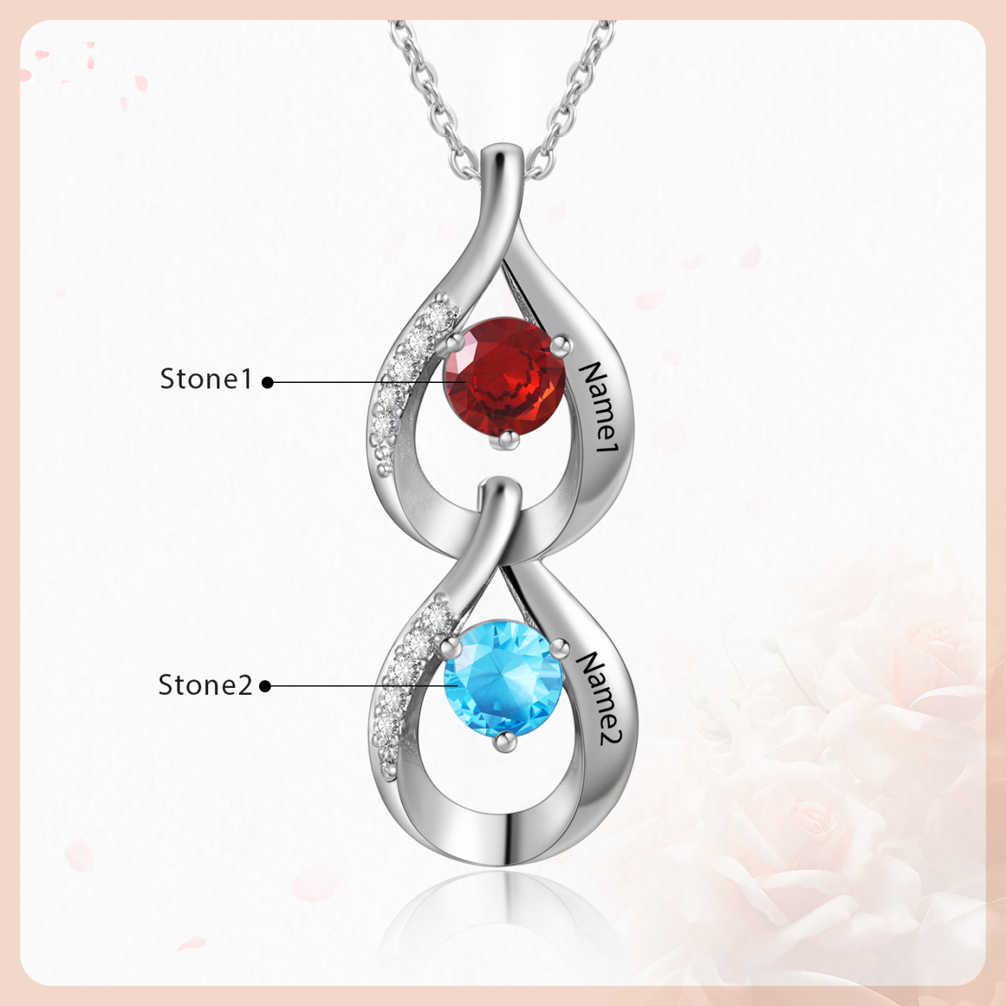 Personalised Teardrop Pendant Necklace Custom 2 Birthstones & 2 Names Necklace Gifts for Her-Jessemade AU