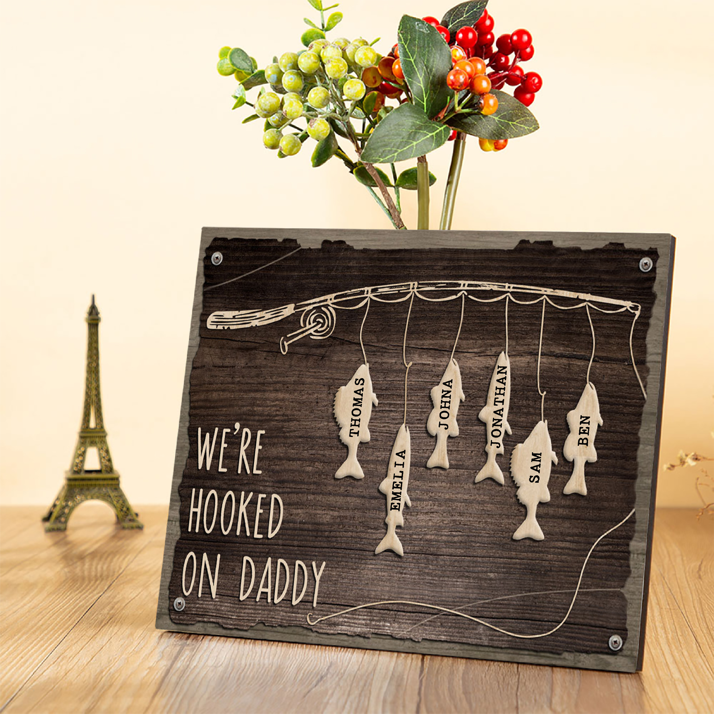 Father's Day Gifts Wood Signs Engrave 6 Names Frame Keepsake -We've Hooked On Daddy-Jessemade AU