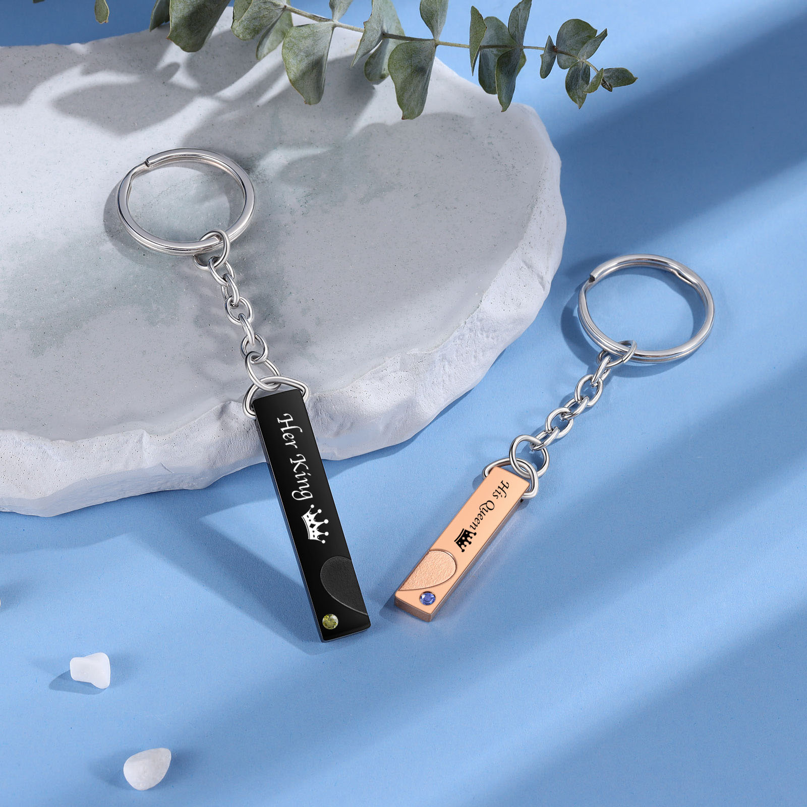 2 PCS Couple Keychain Set Customised with Texts & Birthstones Keychain Crown Gift for Couples-Jessemade AU