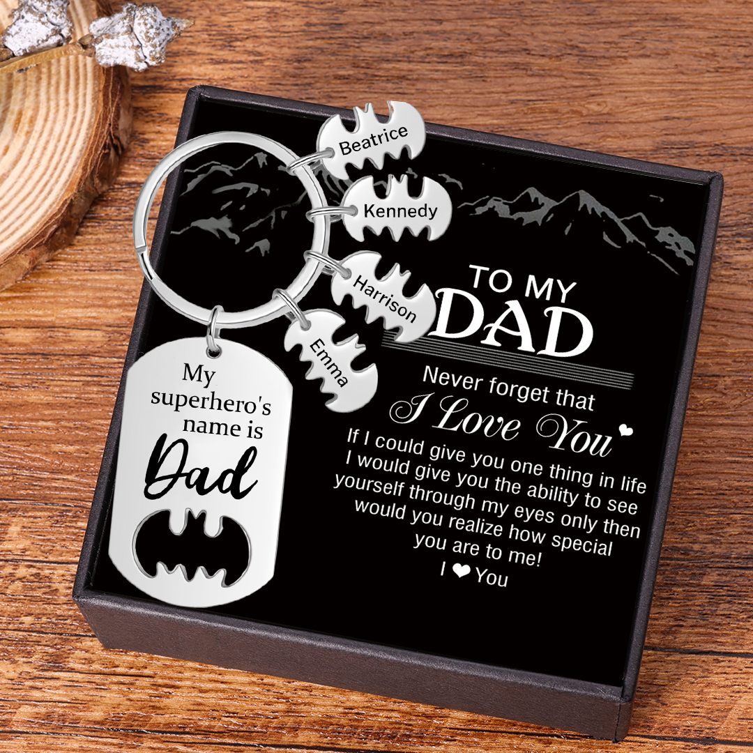 Personalised 4 Names Bat Keychain Father Keychain Gifts for Batman Dad My Superhero's Name Is Dad-Jessemade AU