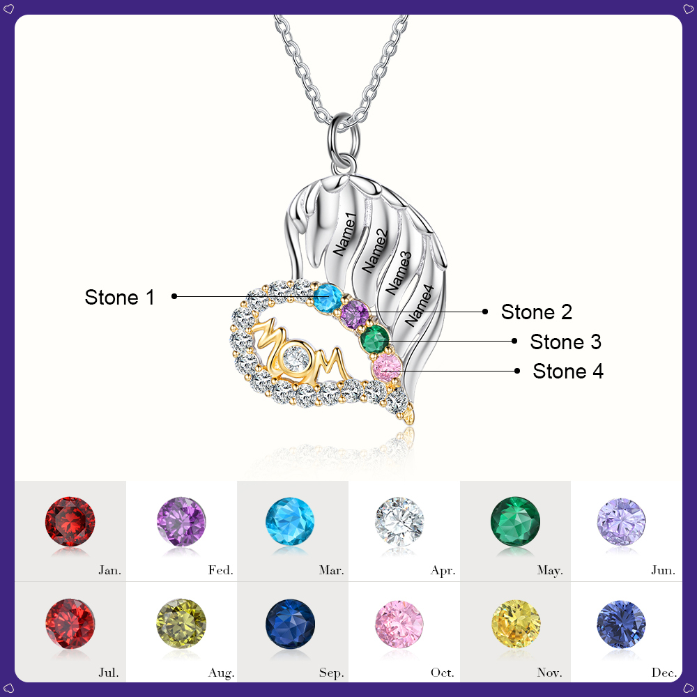 Personalised Heart Necklace With 4 Birthstones Engraved Names Gift For Mother-Jessemade AU