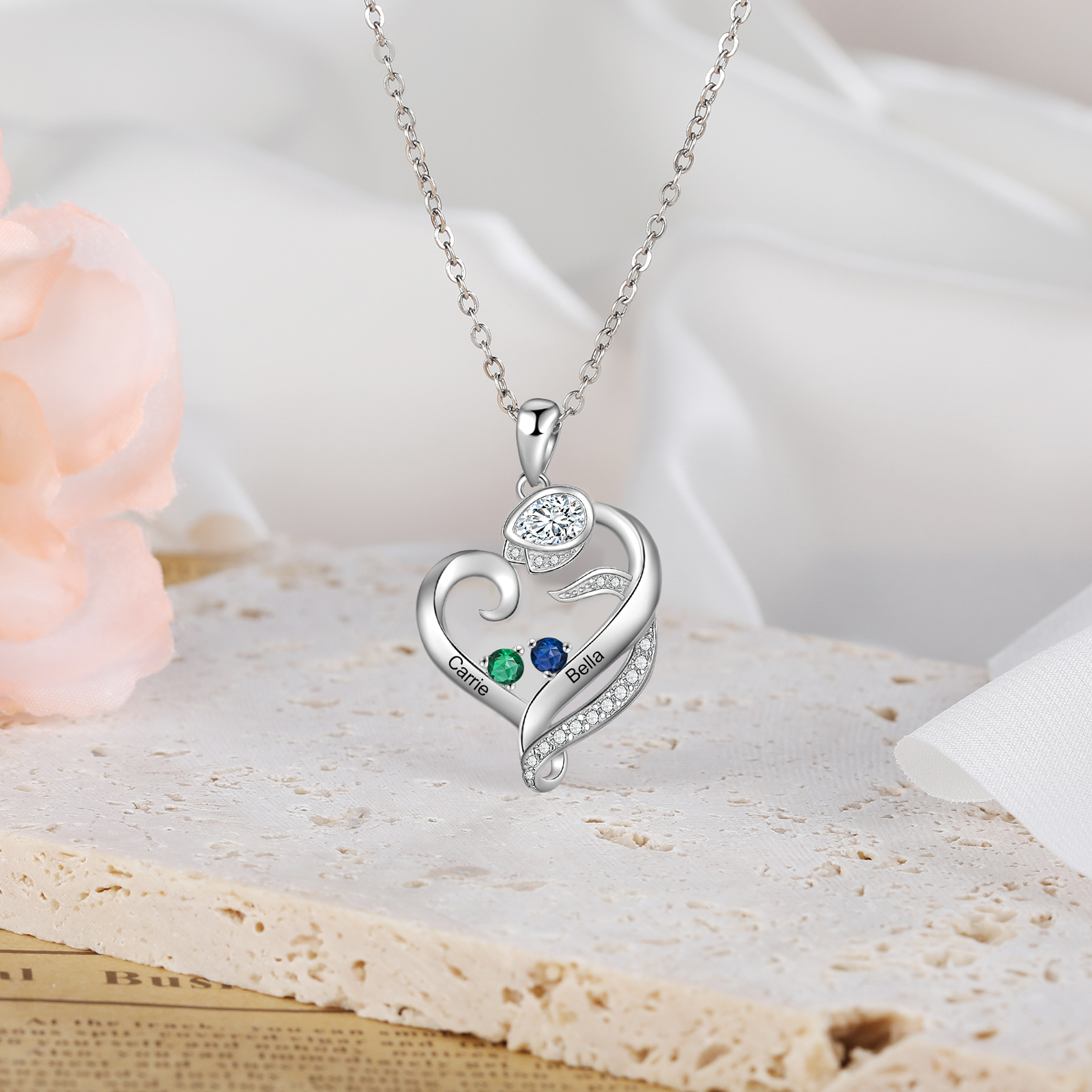 Personalised Flower Heart Necklace With 2 Birthstones Custom Names Necklace Gift For Her-Jessemade AU