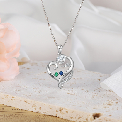 Personalised Flower Heart Necklace With 2 Birthstones Custom Names Necklace Gift For Her-Jessemade AU
