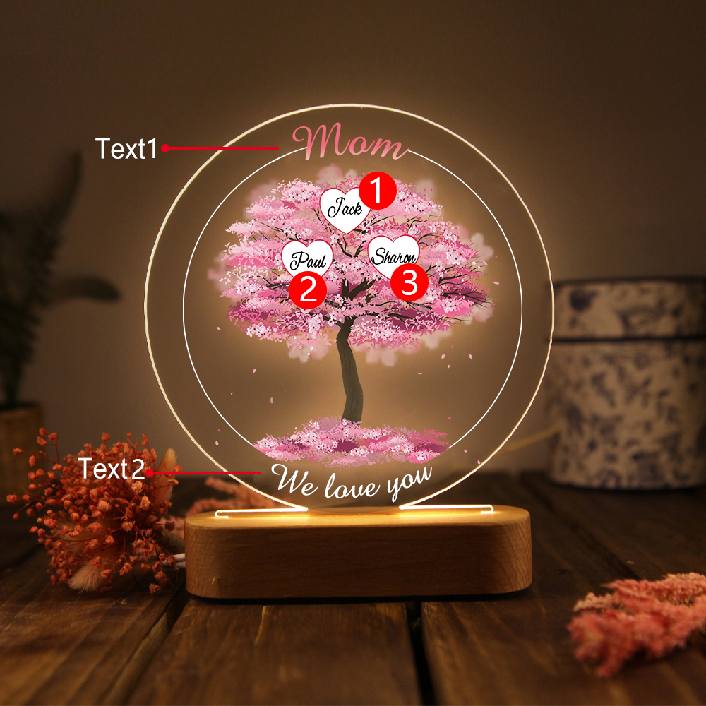 3 Names - Personalised Acrylic Night Light Custom 2 Texts Pink Family Tree LED Lamp Gifts for Mother/Grandma-Jessemade AU
