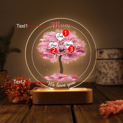 3 Names - Personalised Acrylic Night Light Custom 2 Texts Pink Family Tree LED Lamp Gifts for Mother/Grandma-Jessemade AU