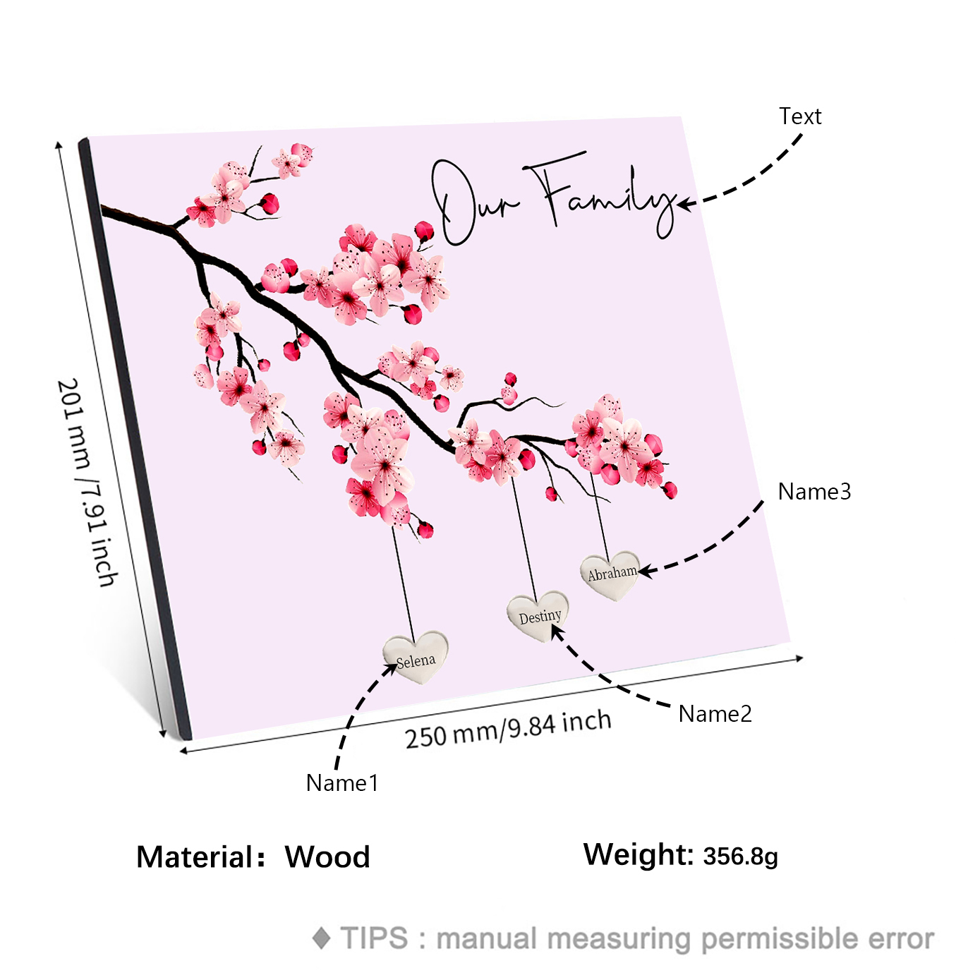 Personalised Plum Blossom Family Tree Picture Board Keepsake Wood Signs Photo Frame Engrave 3 Names-Jessemade AU