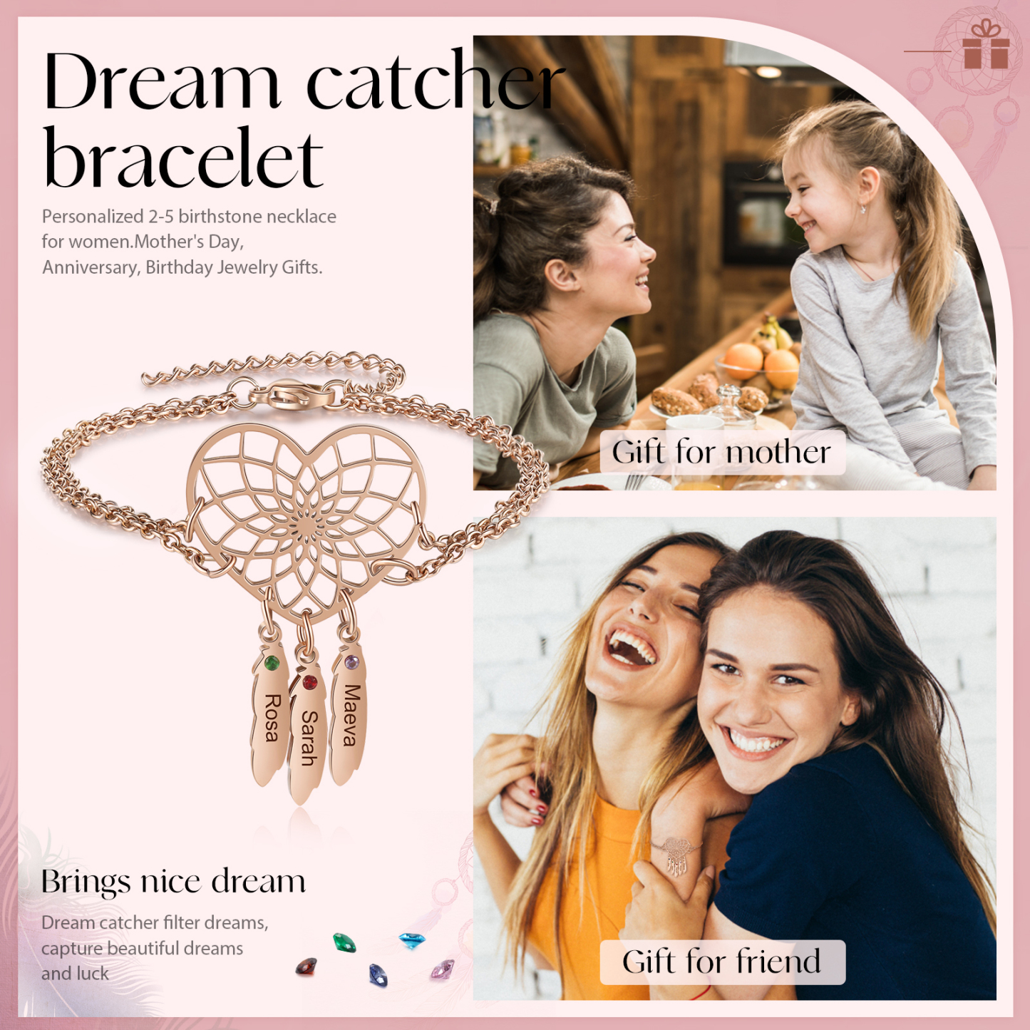 Personalised Heart Dream Catcher Bracelet with Birthstones Engrave 3 Names Gifts For Her-Jessemade AU