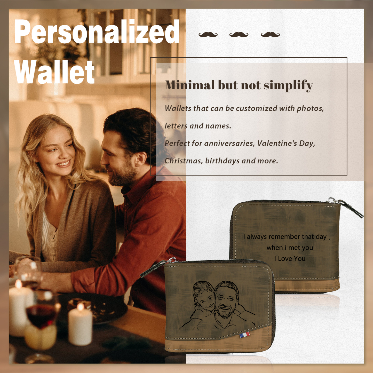 Personalised Photo & Text Billfold Wallet Custom Men's Leather Wallet Zipper Gifts for Him Brown-Jessemade AU