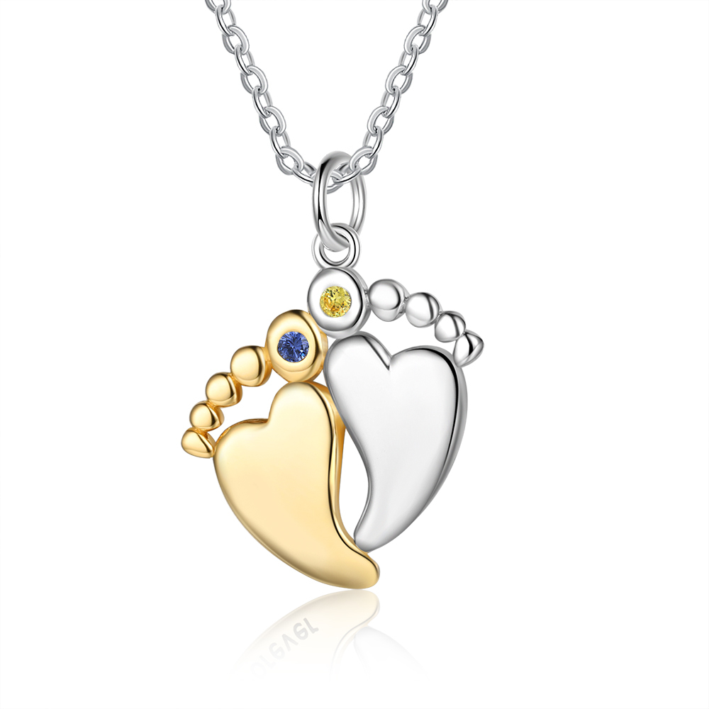 Personalised Baby Feet Necklace With 2 Birthstones Engraved Names Gift For Women-Jessemade AU