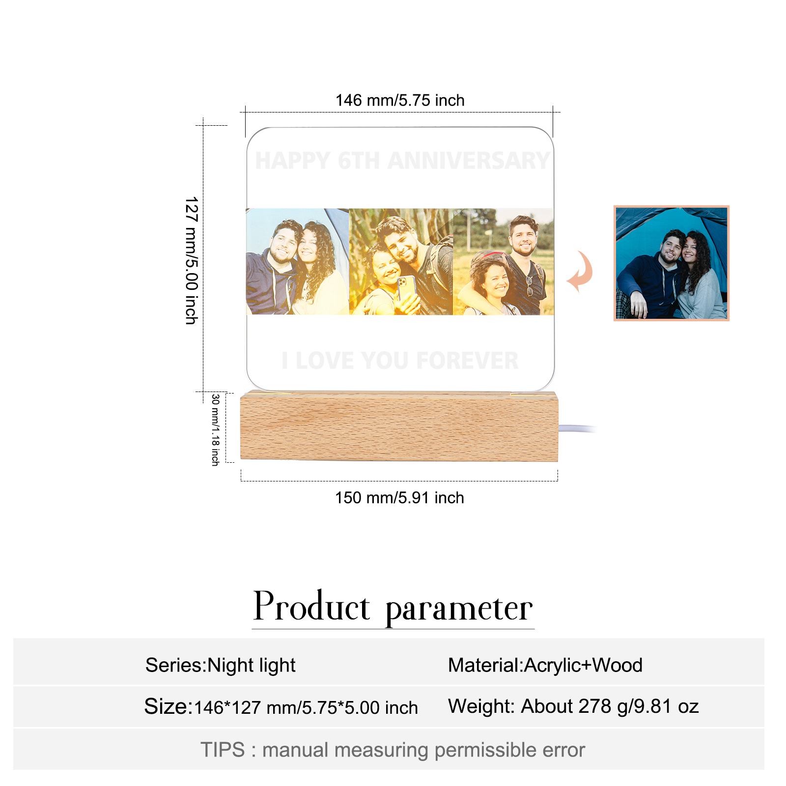 Personalised Family Photo Night Light Ornament Custom Text Bedroom Decor Home Decoration LED Light Personalised Photo Ornament-Jessemade AU
