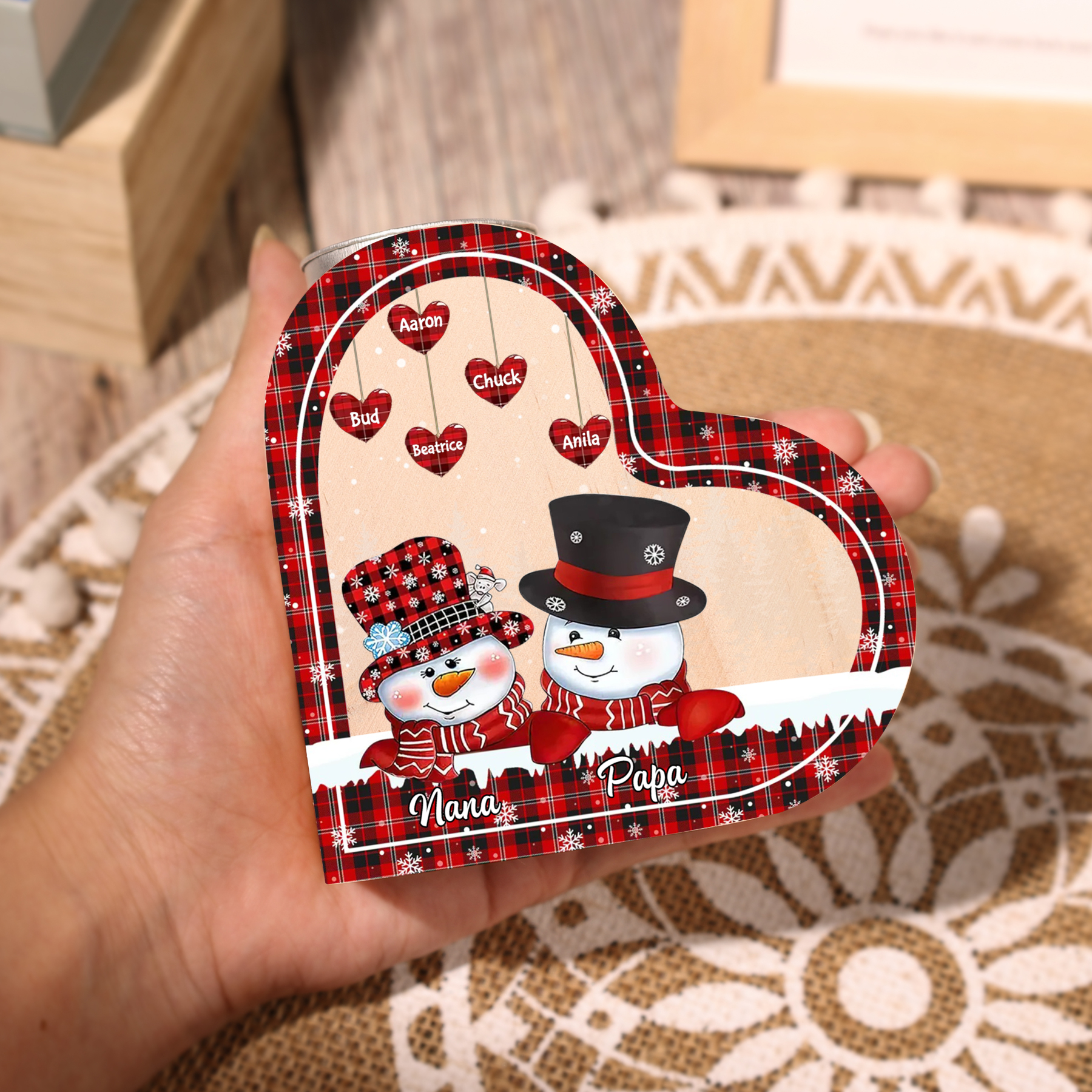 Heart-Shaped Christmas Candle Holder Engraved 7 Names Snowman Candlesticks Personalised Gift for Family-Jessemade AU