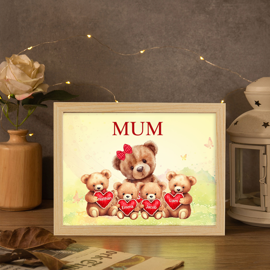 Personalised Frame Night Light Custom 1 Text  & 4 Names Teddy Bears Family Ornament Gifts for Mother/Grandma-Jessemade AU