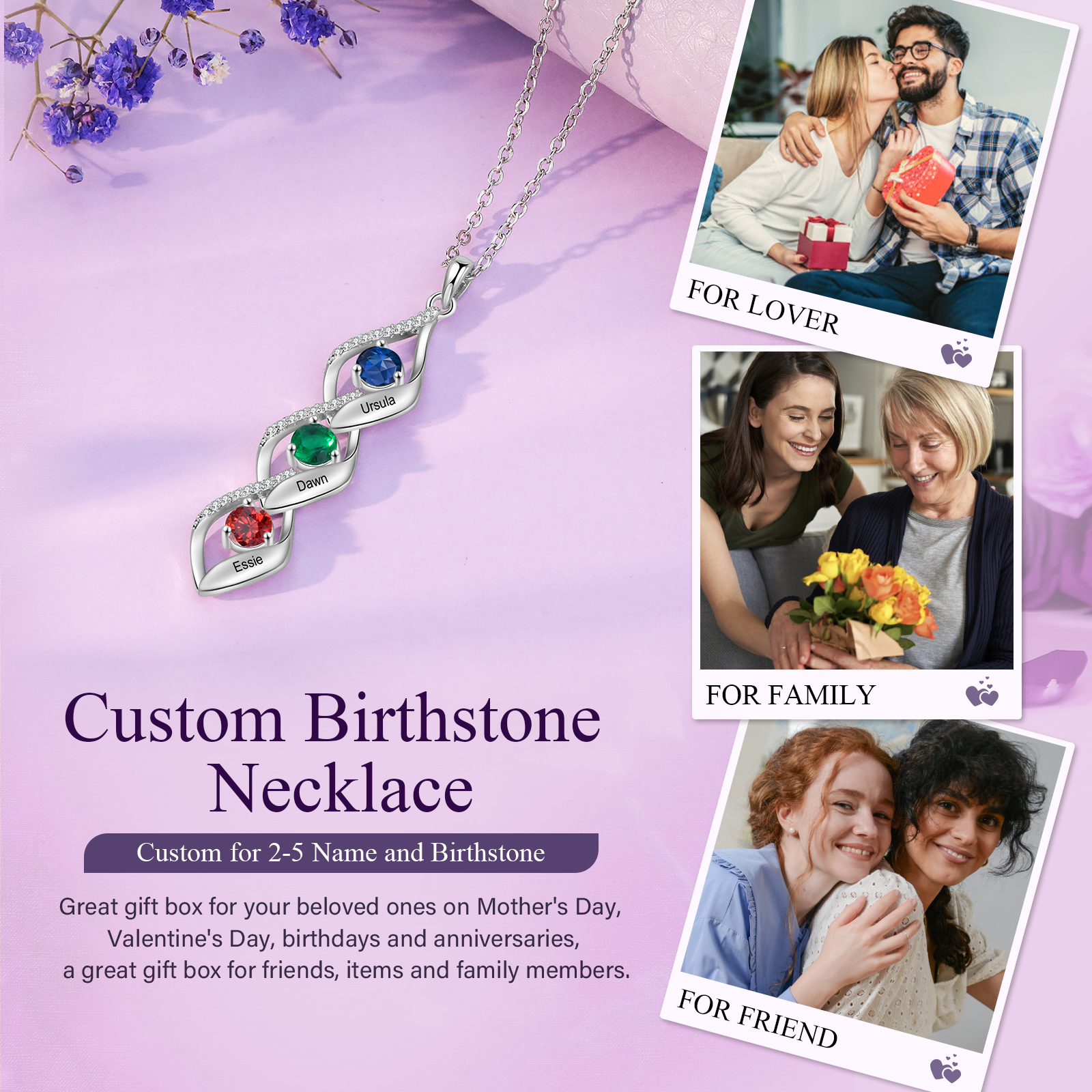 3 Names - Personalised Pendant Necklace Custom Birthstones & Names Necklace Birthday Gift for Her-Jessemade AU