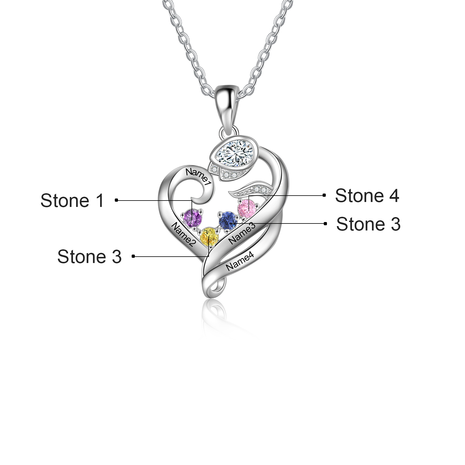 Personalised Flower Heart Necklace With 4 Birthstones Custom Names Necklace Gift For Her-Jessemade AU